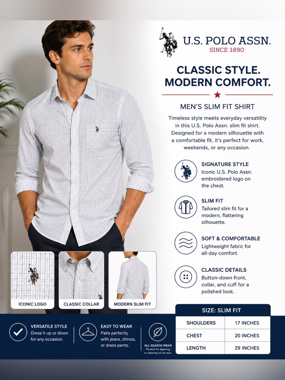 U.S. Polo Assn. Men’s Slim Fit Plaid Button Down Shirt Long Sleeve